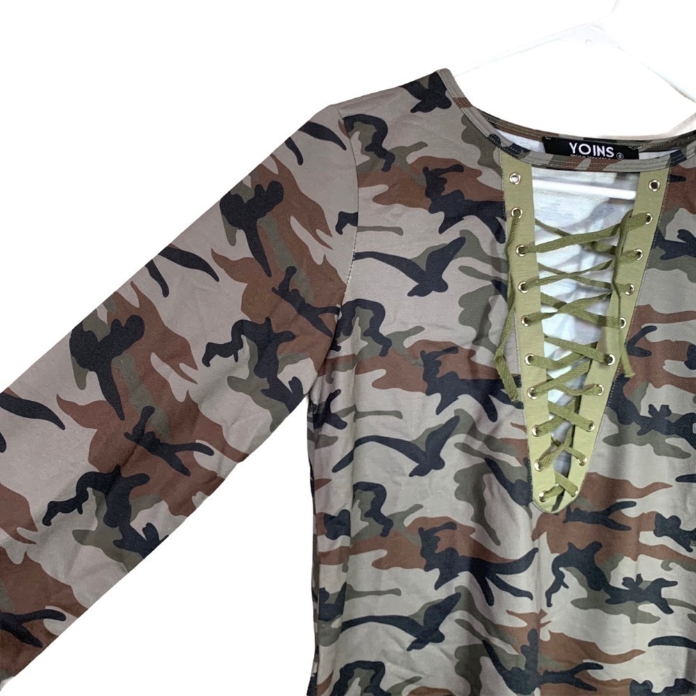 Boutique Yoins Military Camouflage Sexy Lace-Up V-Neck Long Sleeve Top Sz Small - Picture 7 of 16